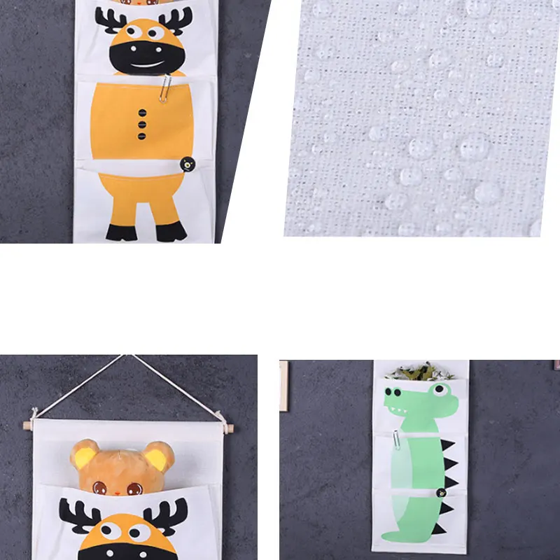 النسيج حقيبة تخزين قابلة للحمل الكرتون الحيوانات الكتان القطن جدار الباب خزانة 3 جيوب تخزين مقسم حقيبة للحمام غرفة نوم