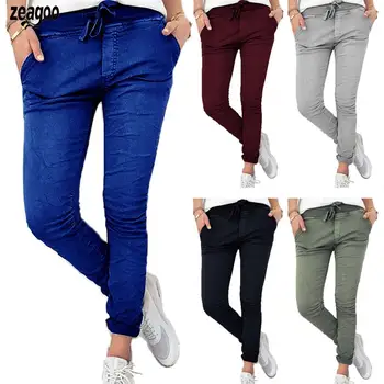 

Women Fashion Drawstring Elastic Waist With Pockets Casual Full Length Solid Pants All Seasons
