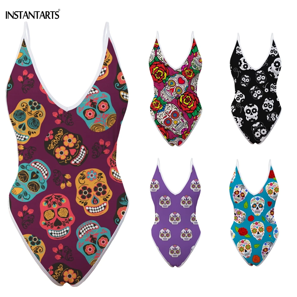 

INSTANTARTS Mexico Sugar Skull Pattern Woman Summer Sexy One-piece Swimsuits Bathing Beachwear Day of Dead Print Deep V Monokini