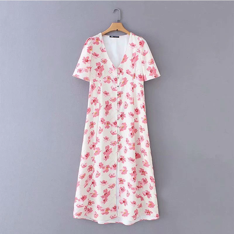 Women's Clothing Dress 2019 Polyester Floral Print V-neck
Single-Breasted Dress Ms Summer Street Sexy Slim Fit Clothing