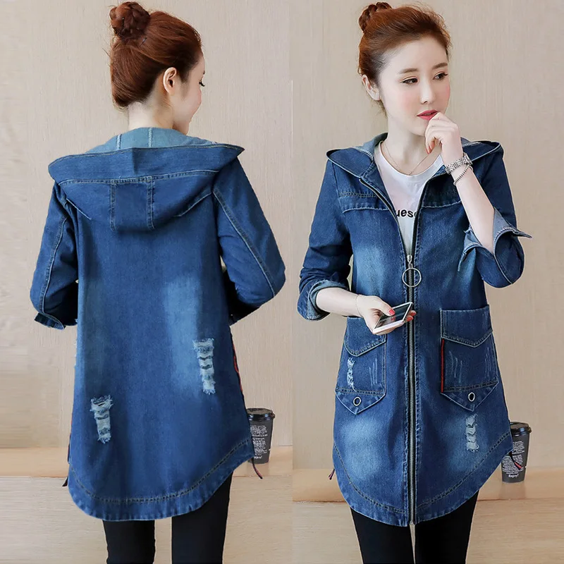 

Korean Type Fashion Women Female Hooded Loose Large Size Hole Rome Casual Jean Denim Coats Jackets