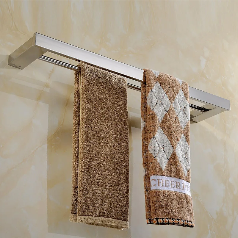 

60cm Length Silver SUS 304 Stainless Steel Double Layer Towel Bar Solid Square Bathroom Towel Rack Towel Bar N7000-3