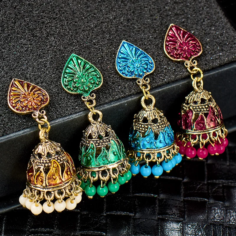 

SHUANGR Gypsy Jewelry Indian Jhumka Long Small Bell Earrings Antique Ethnic Multi Color Drop Earrings Brincos