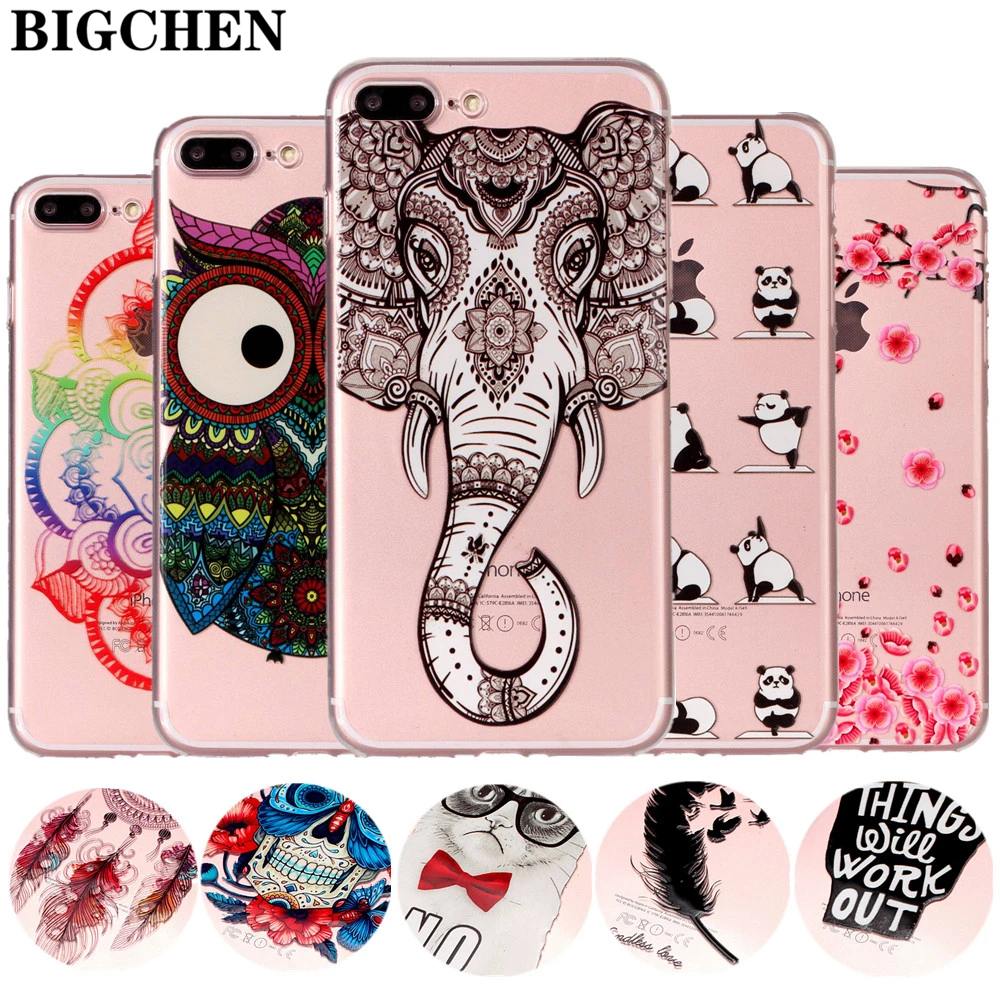 

BIGCHEN For iphone 5s 5 SE 6 6s 8 6/7/8 plus Cool Owl Elephant Panda image Painted Silicone Phone Case For iphone 7 case