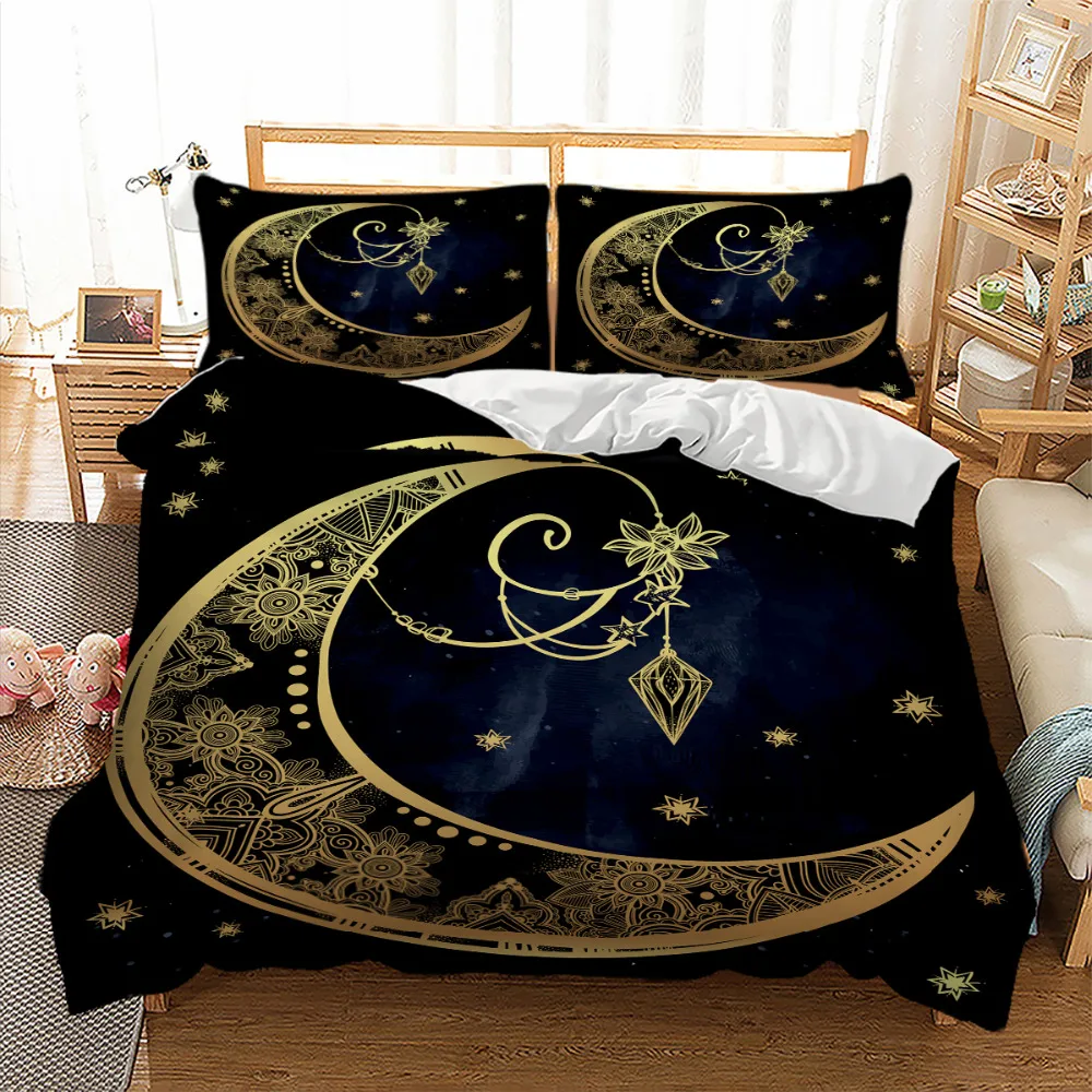 

Home Textile Golden Moon Star Bedding Set Black Bed Linen Bedroom Decoration Pillowcase US Twin Full Queen King Quilt Cover Set