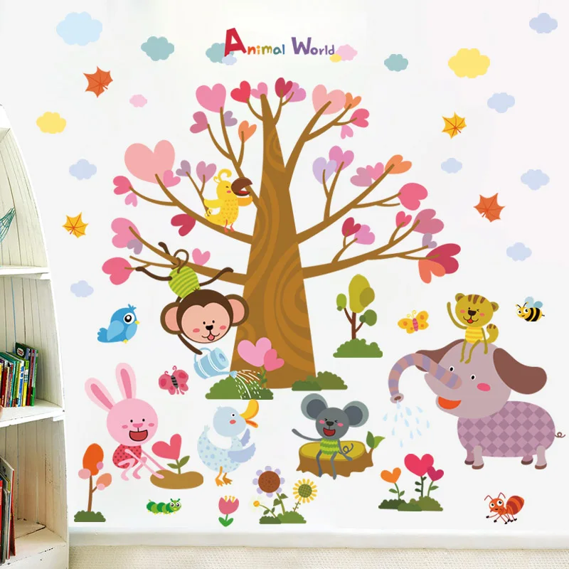 [Fundecoration] diy детские наклейки на стену с изображением дерева животных для детских