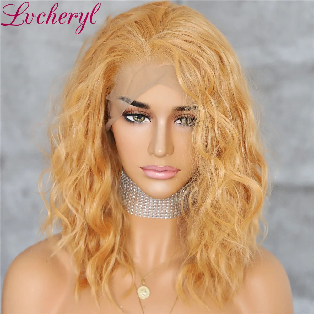 Lvcheryl Короткие вьющиеся 13*6 синтетические кружевные передние парики бежевого и