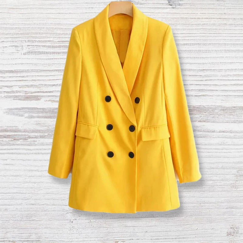 

Spring Women Tops Yellow Solid Color Loose Clothes Office Tops Long Sleeve Button Pocket Notched Casual Blouse Vestidos