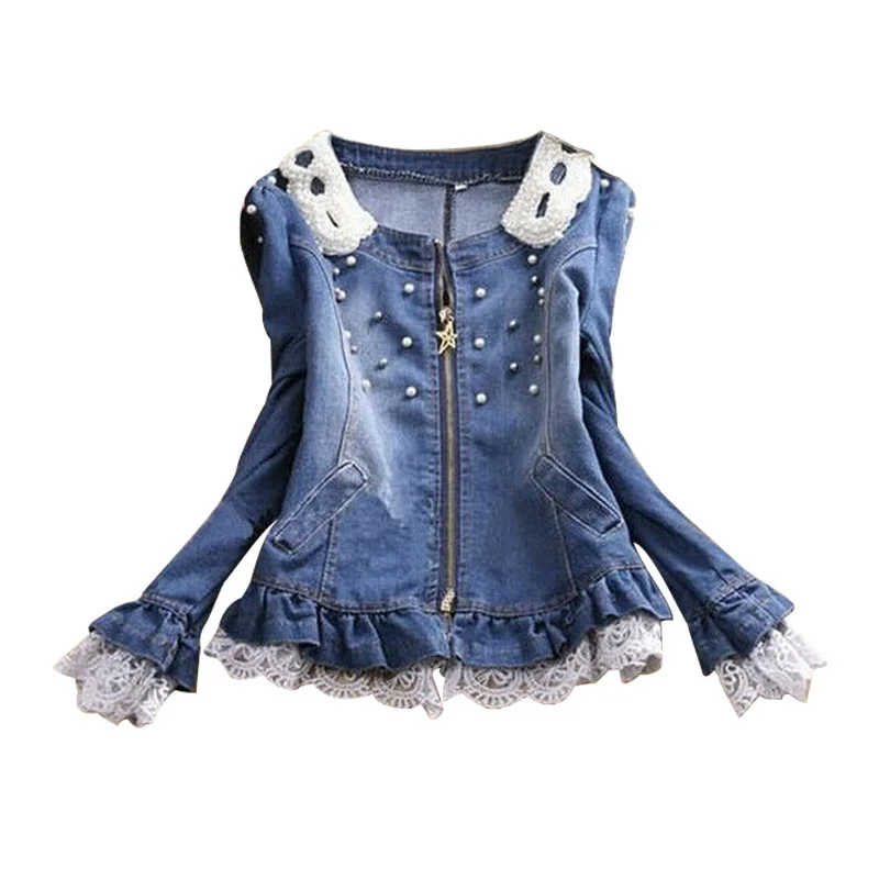 Fast Shipping Best Selling!Wholesale And Retail Ladies Lace Jeans Coat Pearl Collar Women Denim Jacket Female Cowboy Wear