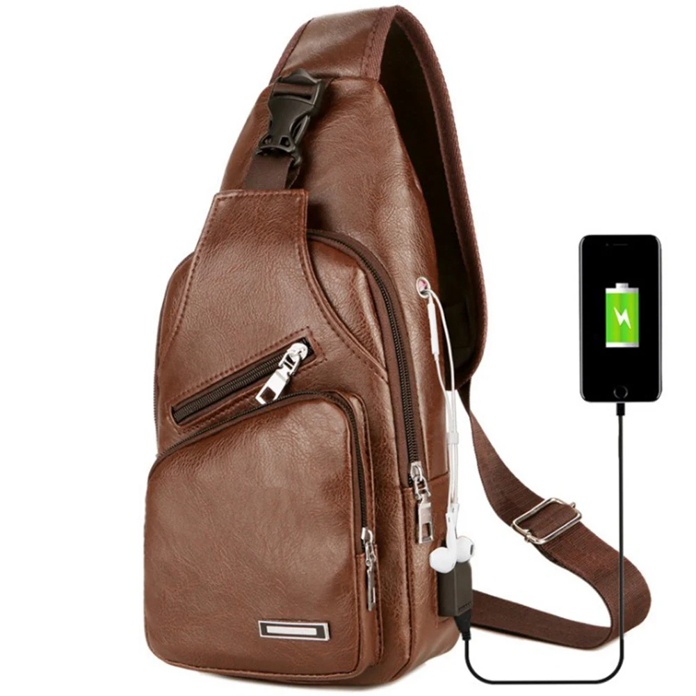 Мужская кожаная нагрудная сумка, мужская повседневная функциональная поясная сумка, сумка для денег, телефона, поясная сумка, спортивная USB нагрудная сумка, поясная сумка для улицы - Цвет: Коричневый