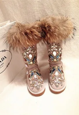 Зимние сапоги на натуральном лисьем меху модные зимние сапоги со стразами женская обувь на плотной теплой подкладке с высоким верхом большой размер(40