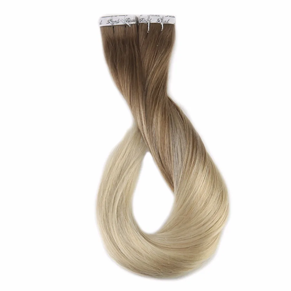 Полный блеск 50 г цвет#8 пепельно-коричневый выцветание до#60 плаутинный блонд Омбре человеческие волосы на ленте для наращивания, машинное производство remy