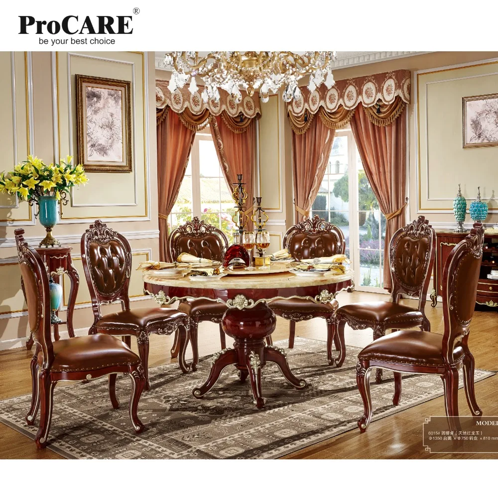 6 seater imported wooden round marble dining table and chairs set design - 6015