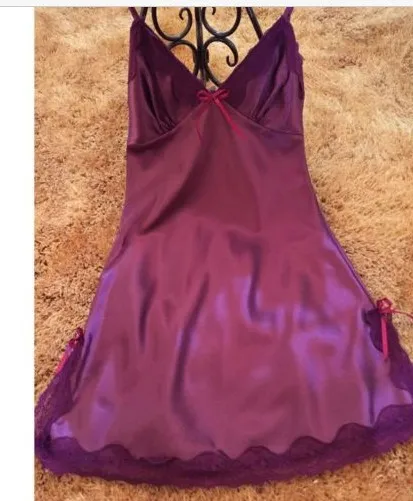 Женское сексуальное шелковое атласное Ночное платье без рукавов, ночная рубашка с v-образным вырезом, свободный размер, ночная рубашка, кружевное ночное белье, ночная рубашка для женщин - Цвет: Purple