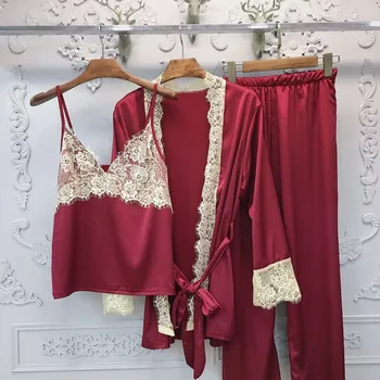 

Summer Satin Silk Pajamas Female Three-Piece Lace Pyjama Sets Sexy Emulation Silk Pijama Robe