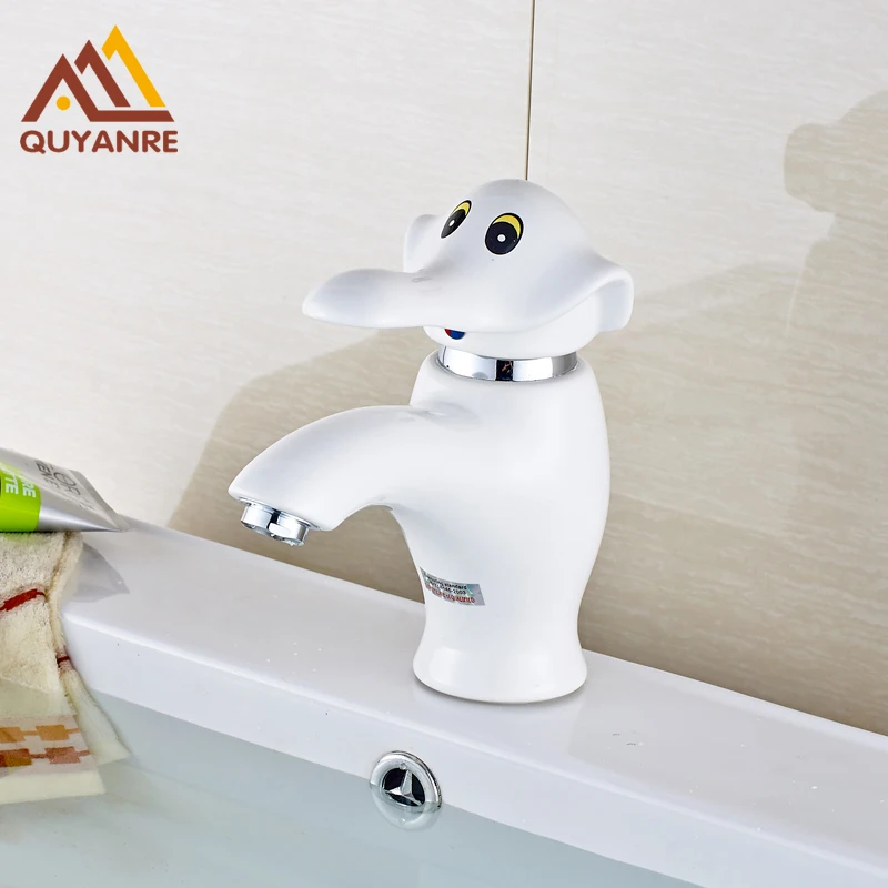

White Color Cute Elephant Style Deck Mounted Bathroom Sink Faucet Hot and Cold Water Mixer Tap