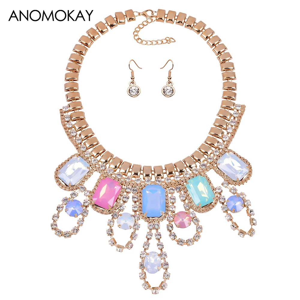 

ANOMOKAY 2016 Fashion Gold Color Statement Necklace Mulit Color Rhinestone Pendants Necklace for Women