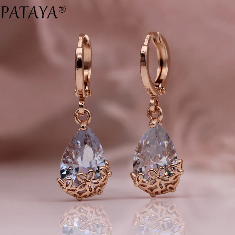 PATAYA New White Water Drop Long Earrings 585 Rose Gold Patterned Asymmetry Cute Dangle Earrings ...