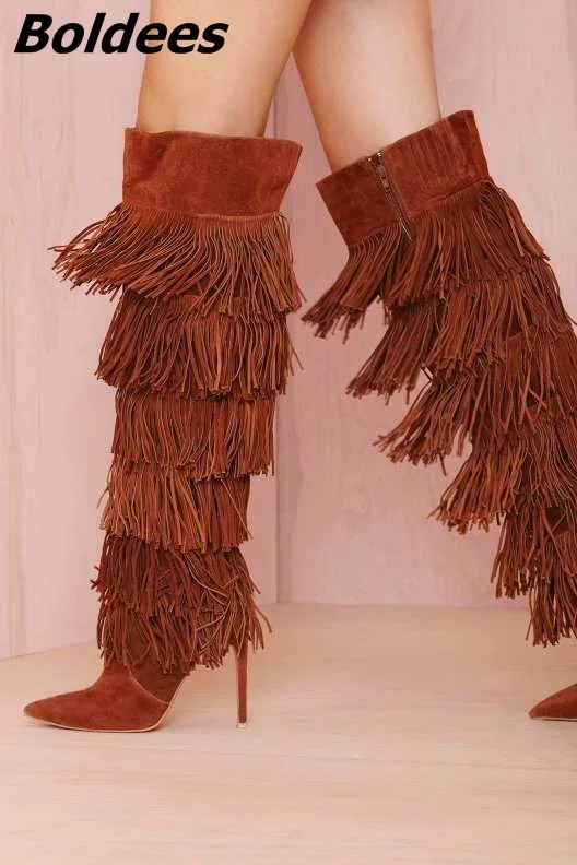 

Chic Women Solid Brown Suede Flowing Fringe Stiletto Heels Knee High Boots Sexy Pointed Toe Side Zipper Tassel Long Boots