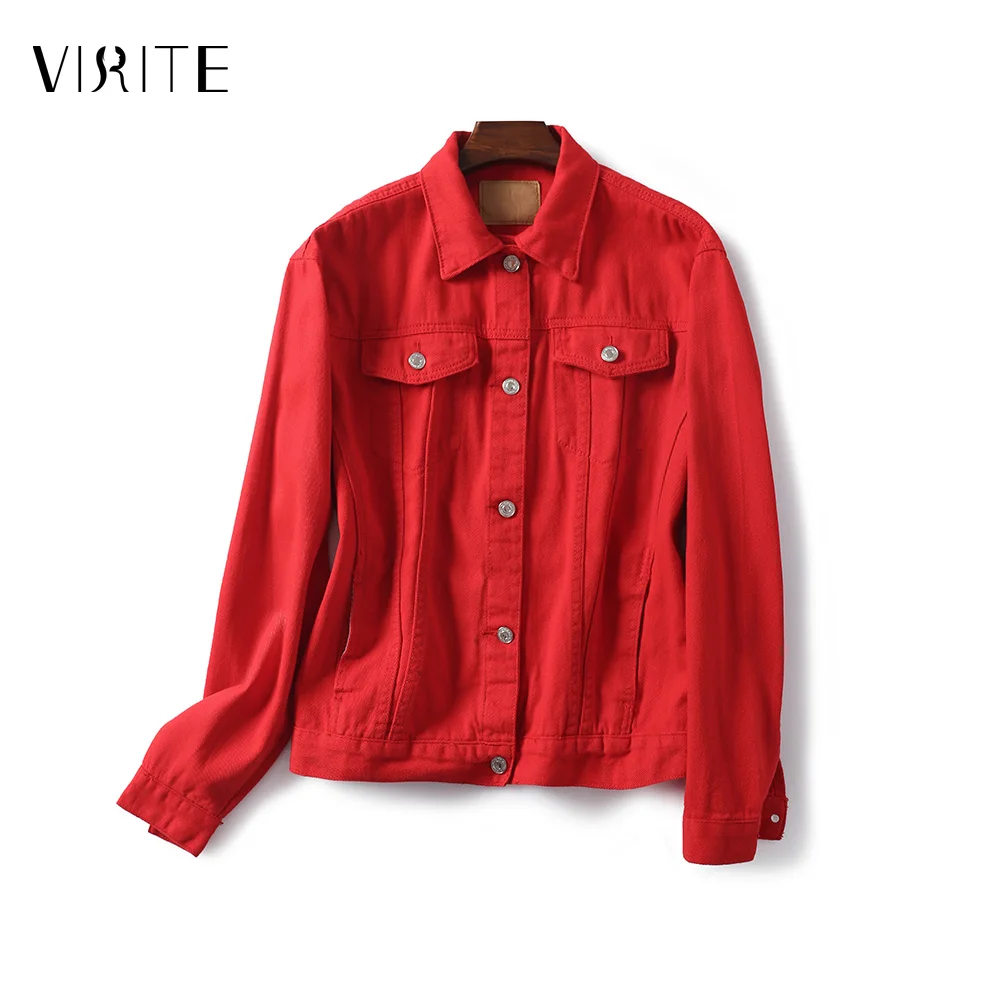 

VIRITE Red Denim Jackets Women Streetwear Red Jeans Jacket Pockets Spring Autumn Girls Basic Jacket Coat Female