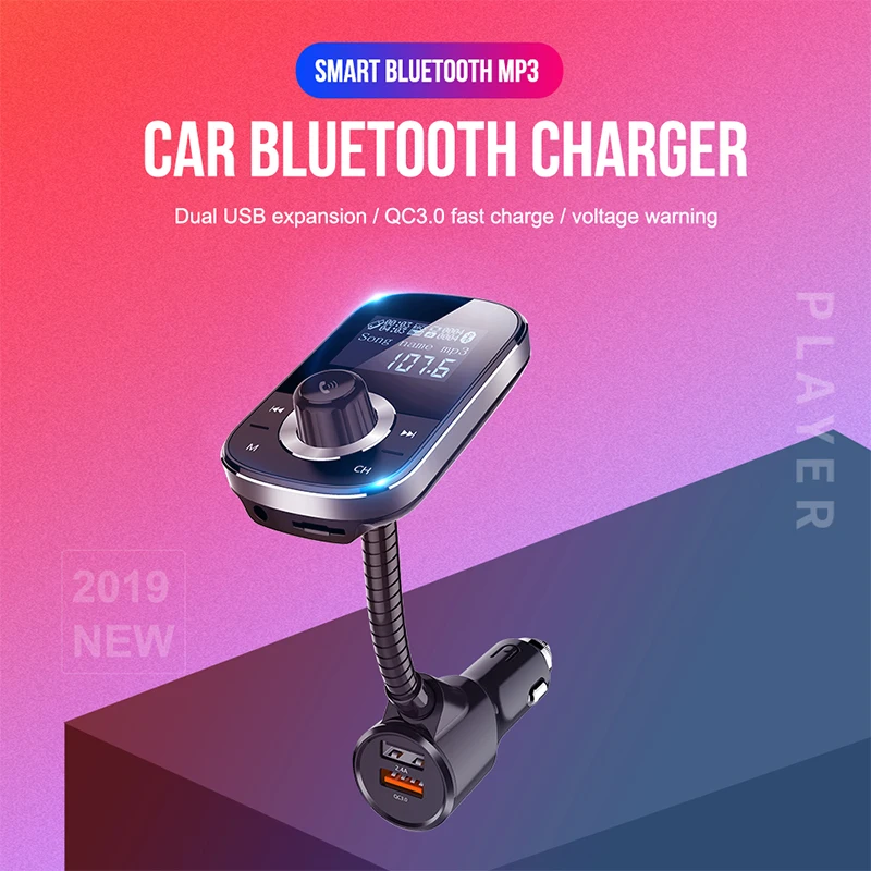 QC 3.0 FM Transmitter Stereo Music Bluetooth Car Kit MP3 Portable TF Card 12V-24V Dual USB