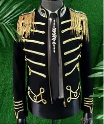 Мужские костюмы конструкции эполет вышивка Сценические костюмы для певцов черный цвет, для мужчин Блейзер Танцы одежда куртка звезда