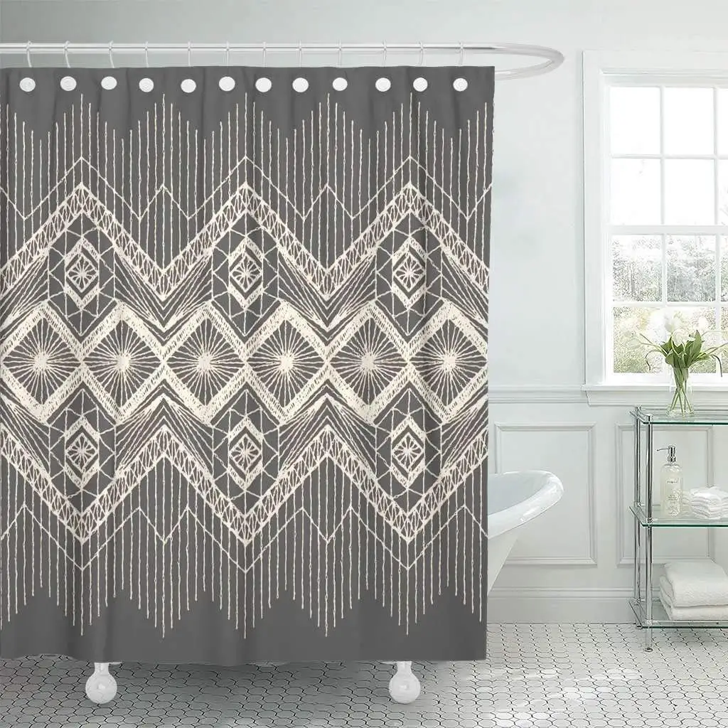 

Shower Curtain Hooks Brocade Floral Fringe Border Knitted Woven Macrame in Boho Style Glamour Linen Decorative Bathroom