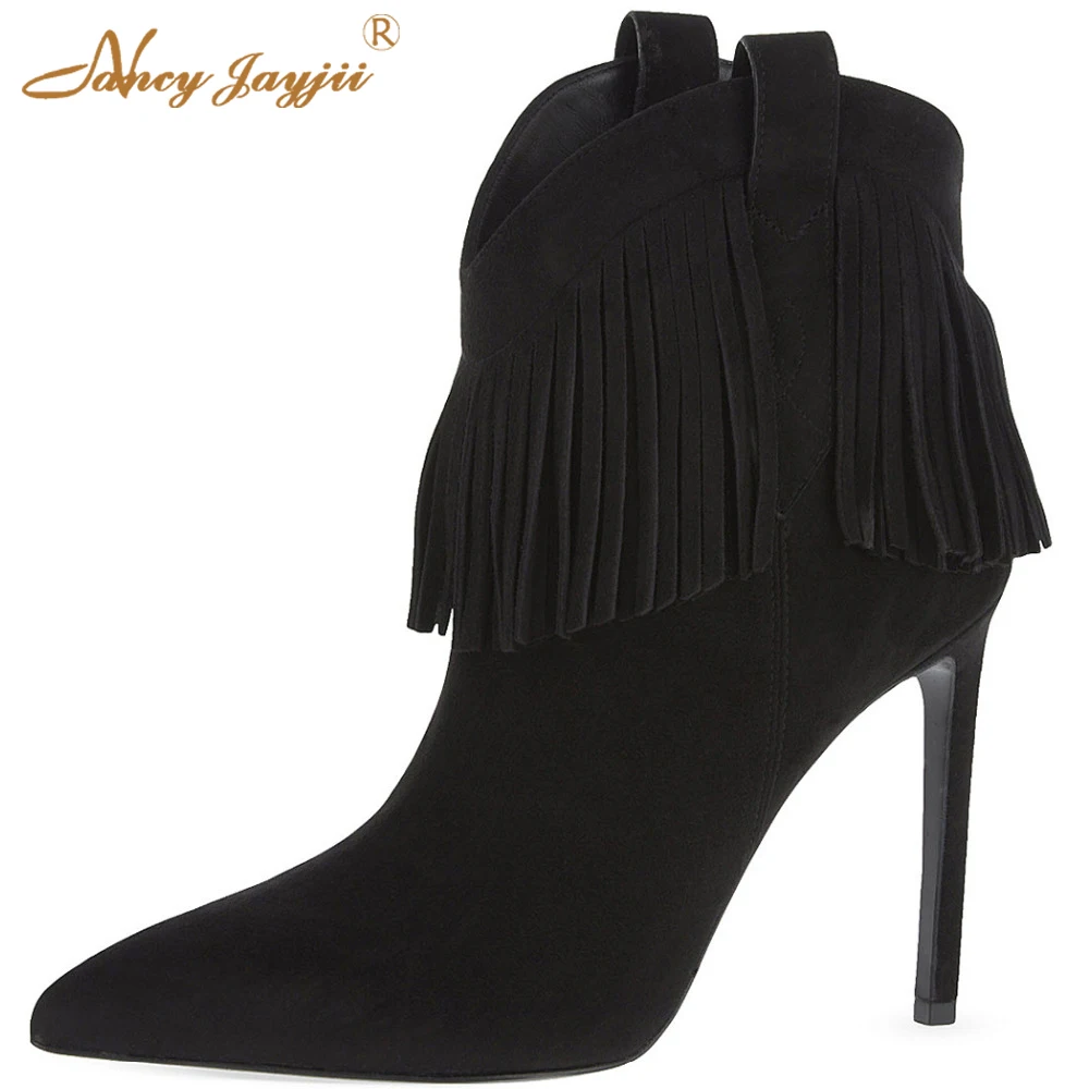 Nancyjayjii Women Black Suede Point Toe Fringle Ankle Boots Winter Snow Sexy High Heels Shoes Woman,plus size5-14, zapatos mujer
