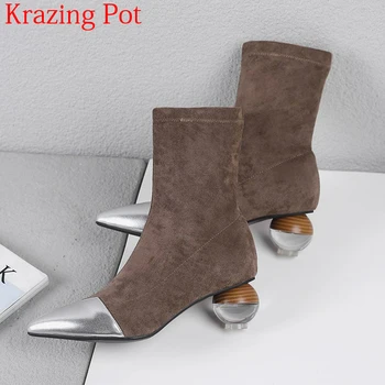 

2019 New Superstar Cow Leather Strange Style Velvet Shoes Pointed Toe Stretch Boots Crystal High Heels Luxury Chelsea Boots L82
