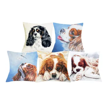 

Stylish Square Cotton Linen Cojines Throws 3D Watercolor Painted Charles Spaniel Cheap Cushion Cover for Living Room Home Sofa