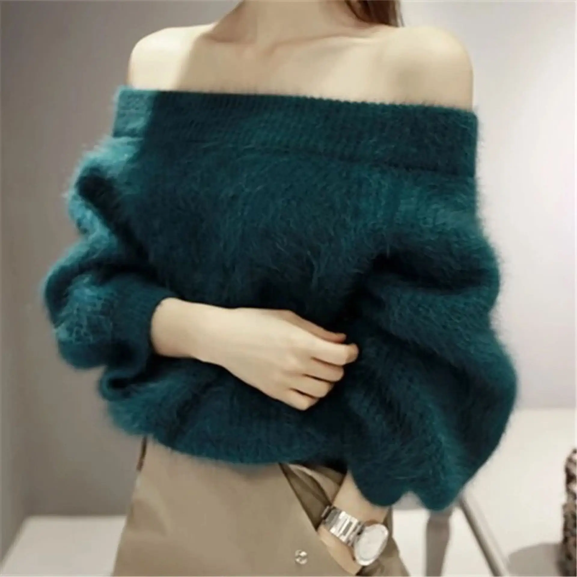New Style Women Sweaters Slash Neck Lantern Sleeve Knitted Pullover Off Shoulder Female Jumper | Женская одежда