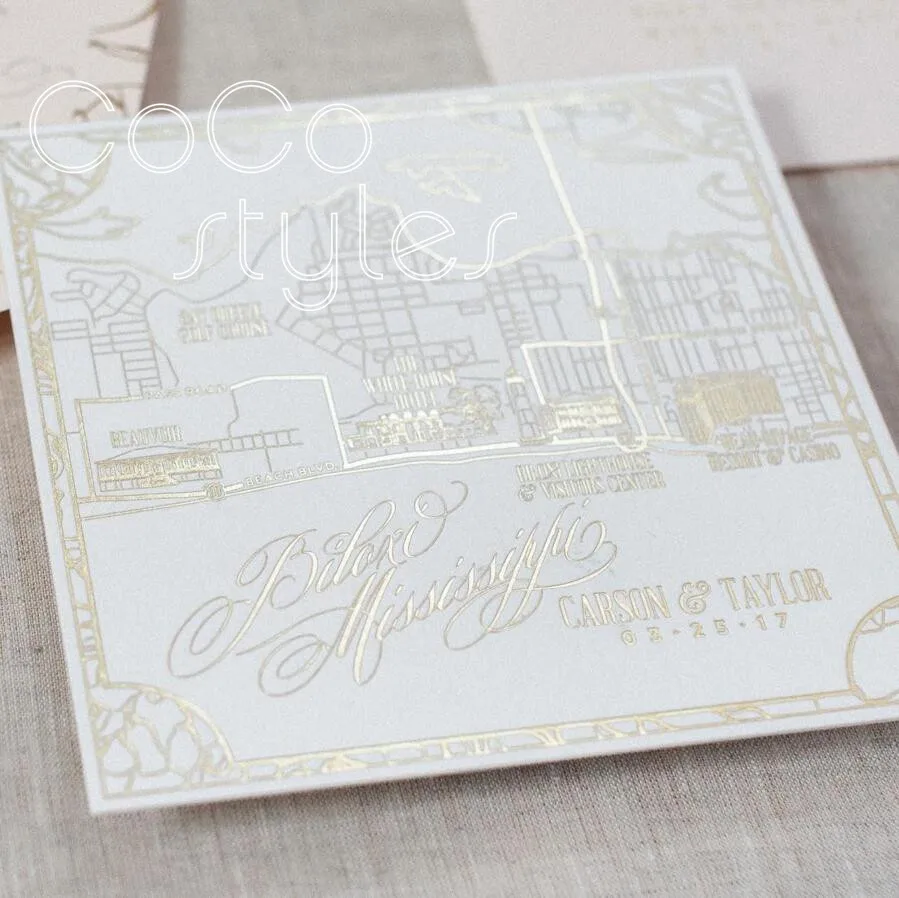 hot foiling map card for wedding