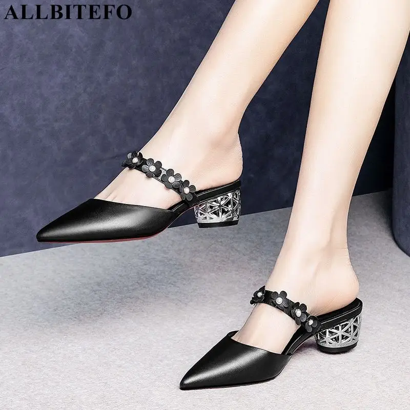 

ALLBITEFO fashion flowers genuine leather women high heel shoes summer women slipper high heels office ladies shoes flip flops