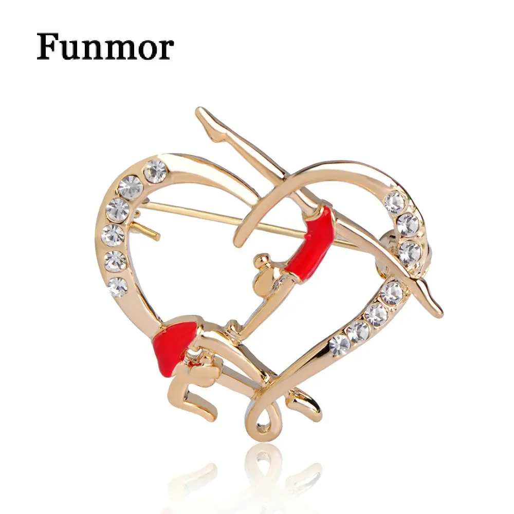 

Love Heart Shape Figure Brooch Rhinestone Gymnastics Club Badge Collar Clip Pins Enamel Double Dancer Brooches For Women Men