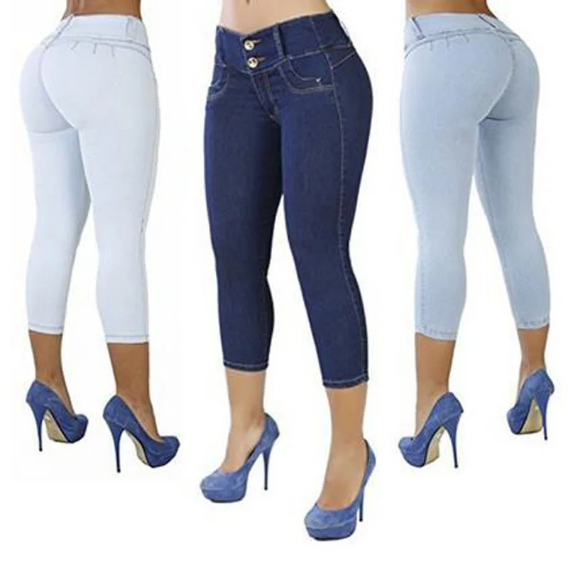 

Plus Size Casual Solid Button Fly Waist Cropped Jeans Pockets Women Sexy Elastic High Waist Denim Pants Slim Solid Trousers