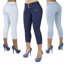 Plus Size Casual Solid Button Fly Waist Cropped Jeans Pockets Women Sexy Elastic High Waist Denim Pants Slim Solid Trousers button fly pockets wide pants