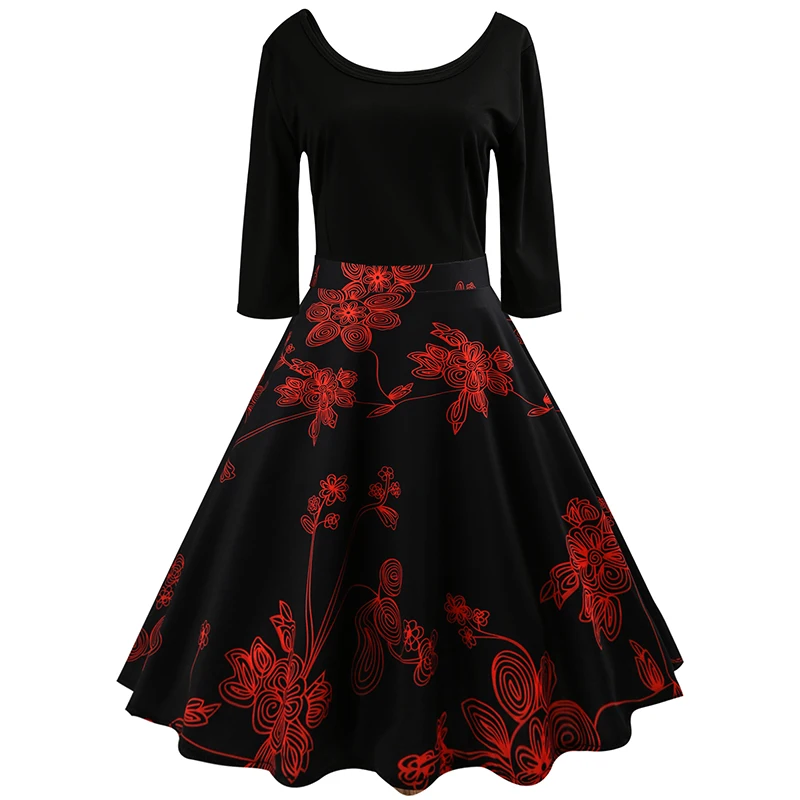 

Floral Print Robe Vintage Pin up Rockabilly Dress 50s 60s Women Three Quarter Sleeve Autumn Winter Dress Swing Casual Vestidos