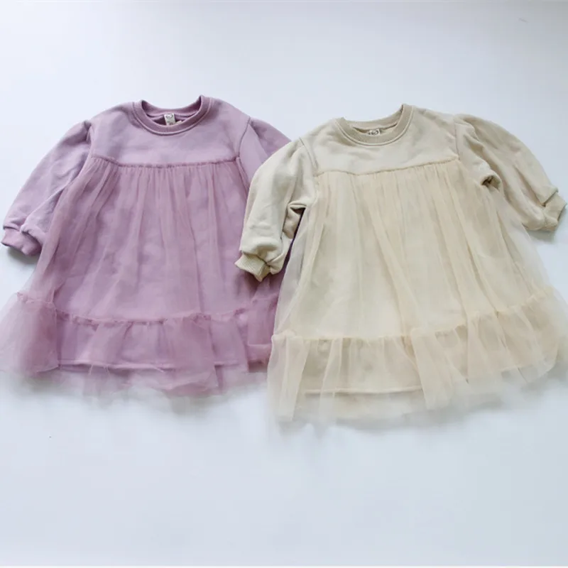Коллекция года, весеннее детское платье-свитер свободные хлопковые платья принцессы с длинными рукавами и вуалью в Корейском стиле для маленьких девочек одежда для детей