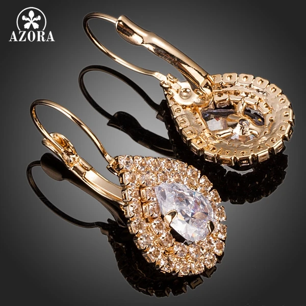 AZORA Shiny Gold Color Clear Cubic Zirconia Tear Drop Earrings TE0150