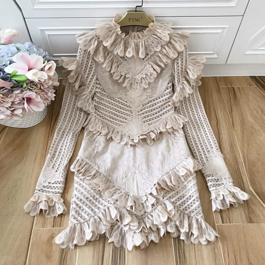 

Red RoosaRosee New Spring Summer Designer Women's Flare Sleeve Hollow Out Ruffle Party Vestido Robe Femme Gauze Cotton Dresses