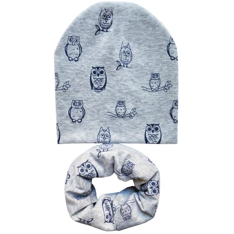 Grey Owl Set Новая осенне-зимняя детская шапка, комплект для мальчиков и девочек, шарф на шею, весенний теплый шейный платок, детские вязаные шапки, комплекты, хлопковая детская шапка, шарф - Цвет: Grey Owl Set