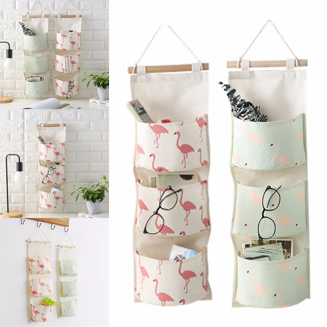 JX-LCLYL Linen 3 Layer Flamingo Storage Bag Wardrobe Hanging Bag Wall Toys Pouch Organize