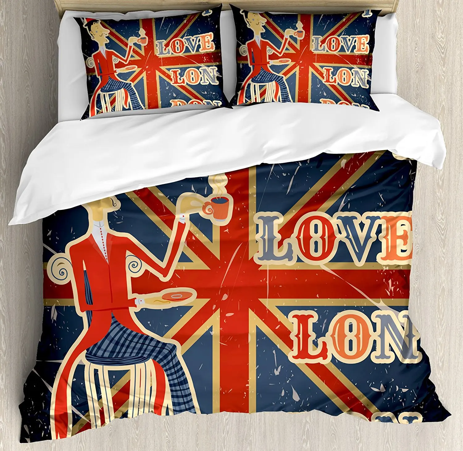 British Duvet Cover Set I Love London Quote with English Man on UK Flag Backdrop National Design