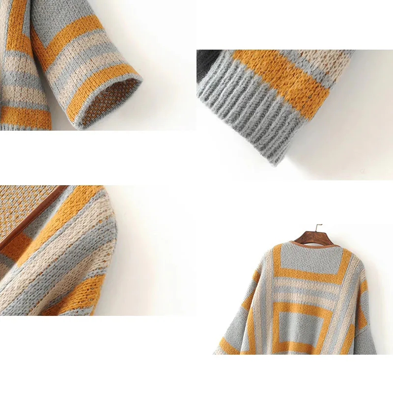 Women high street Cardigans Sweater Autumn Winter Knitted with geometic open stitch Female Sweater