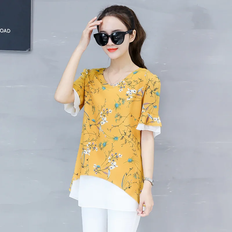 

Summer new Korean women's slim short-sleeved printed chiffon shirt jacket large size loose women's shirt