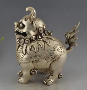 

China Tibet Buddhism Fane Silver Carved Dogs Lions Incense Burner Statue