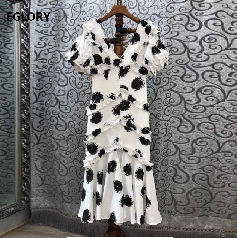 

High Quality Runway Dress 2019 Spring Summer Sexy Deep V-Nneck Polka Dot Pattern Short Sleeve Bodycon Party Mermaid Dress Club