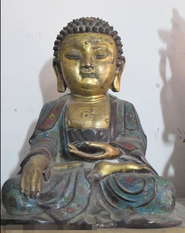 

005078 14"Tibet Cloisonne 24k gold bronze fat head Tathagata Shakyamuni Buddha Statue