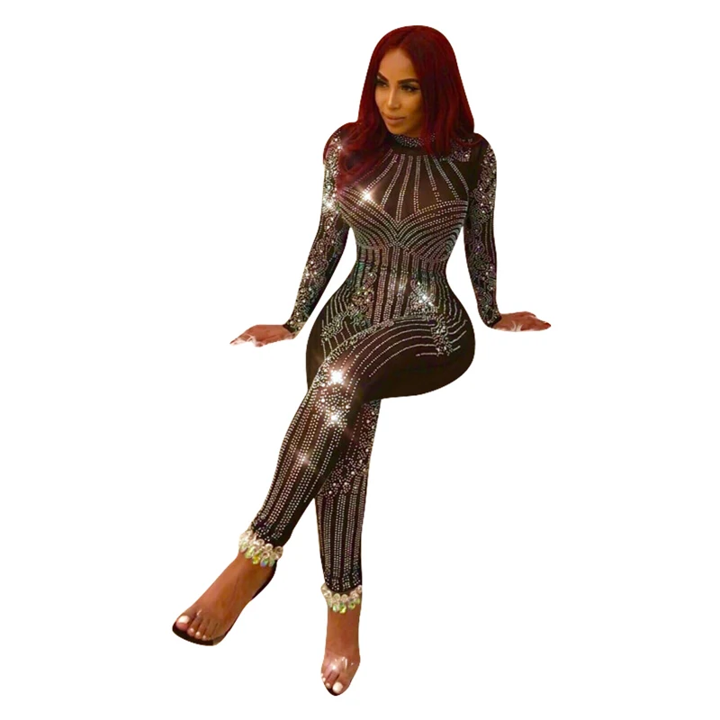 Black Rhinestone Sparkly Jumpsuit Women Turtleneck Long Sleeve Mesh Romper Sexy Sheer Birthday Nightclub Bodycon Party Overalls