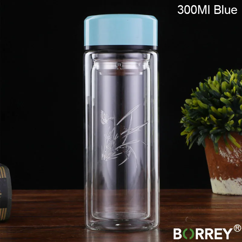BORREY 300 мл прочная стеклянная бутылка для воды с двойными стенками Стеклянная бутылка для чая с чайным фильтром с отделением для заварки стеклянная бутылка для воды Bpa бесплатно - Цвет: Blue